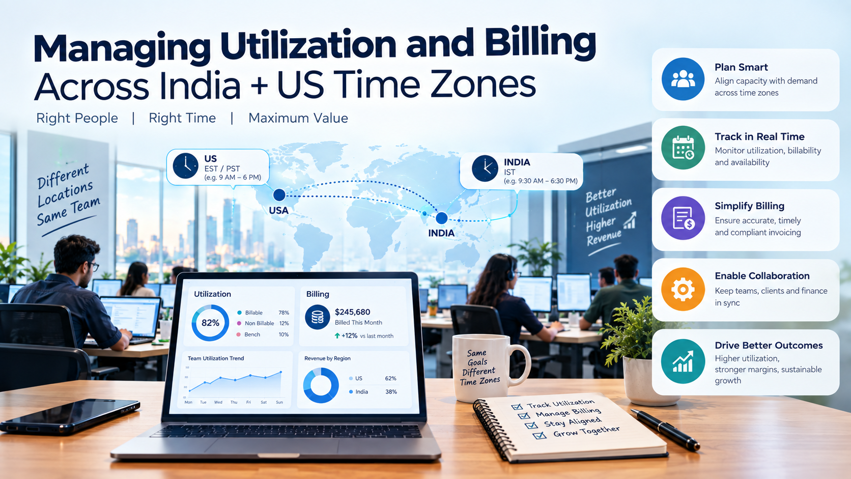 Utilization and billing across India and US time zones